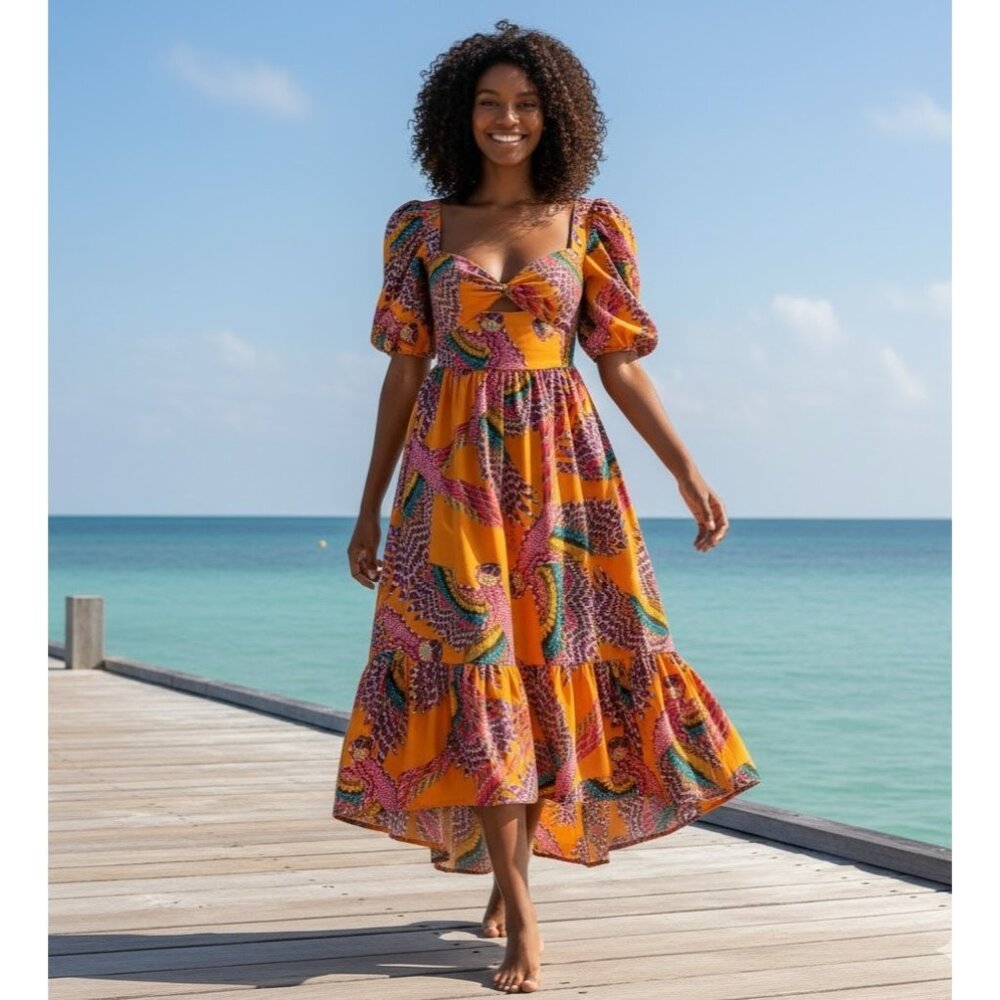 NWT FARM Rio Beaded Macaw Midi in Orange Puff Sleeve Cotton Poplin Dress S $230